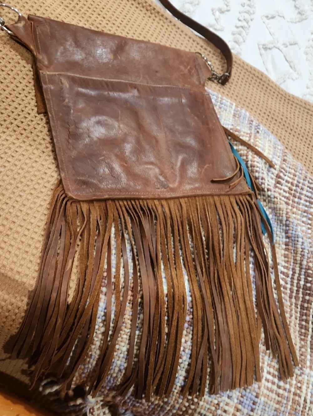 Brown Leather Fringe Crossbody Bag with Teal Croc Accent - Picture 4 of 11